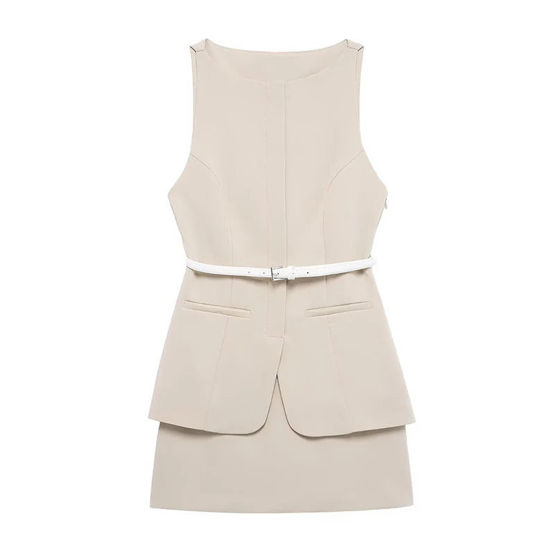 VESTIDO BEIGE CON CINTURON