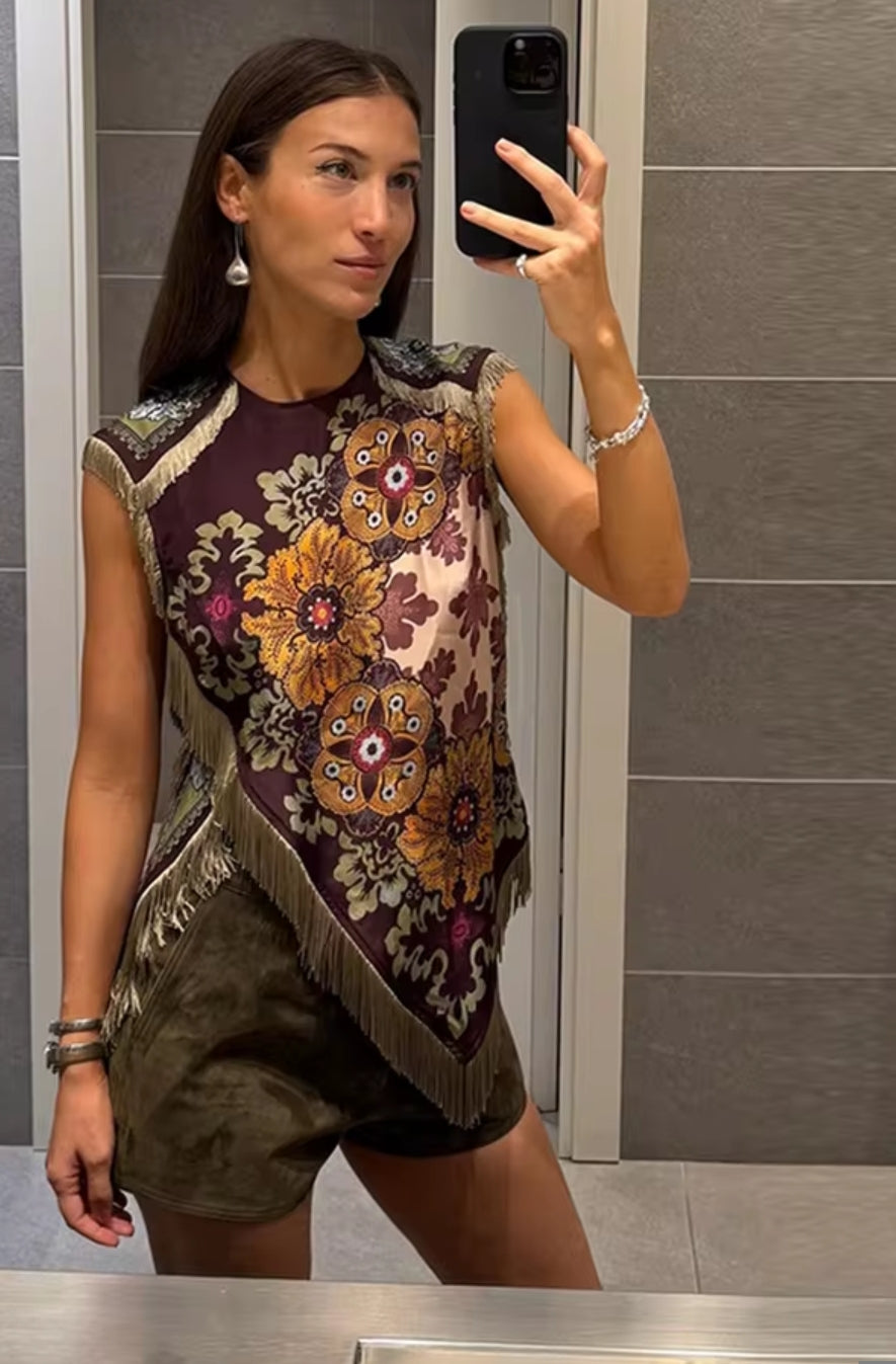 TOP ESTAMPADO BORLAS VINTAGE