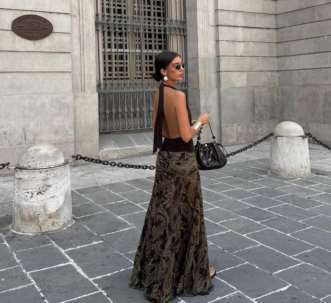 FALDA ESTAMPADA MARRON Y DORADA