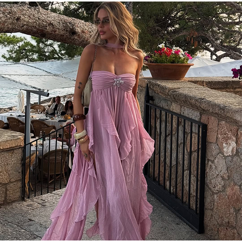 VESTIDO ROSA ASIMÉTRICO HOMBROS DESCUBIERTOS