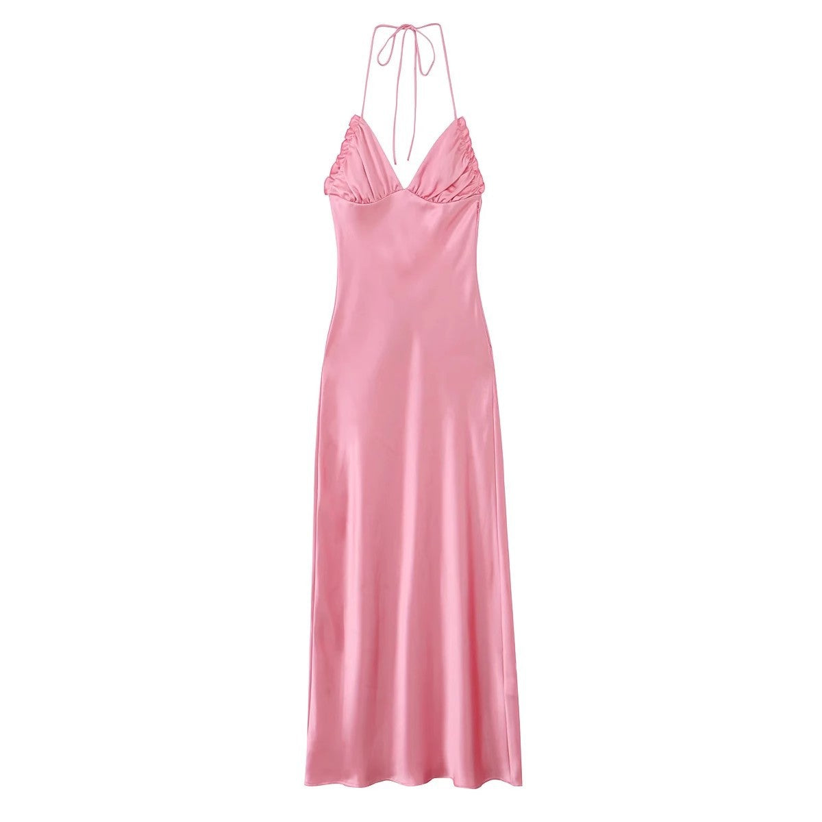 VESTIDO SATÉN CON VOLANTE EN EL ESCOTE Y ESPALDA DESCUBIERTA