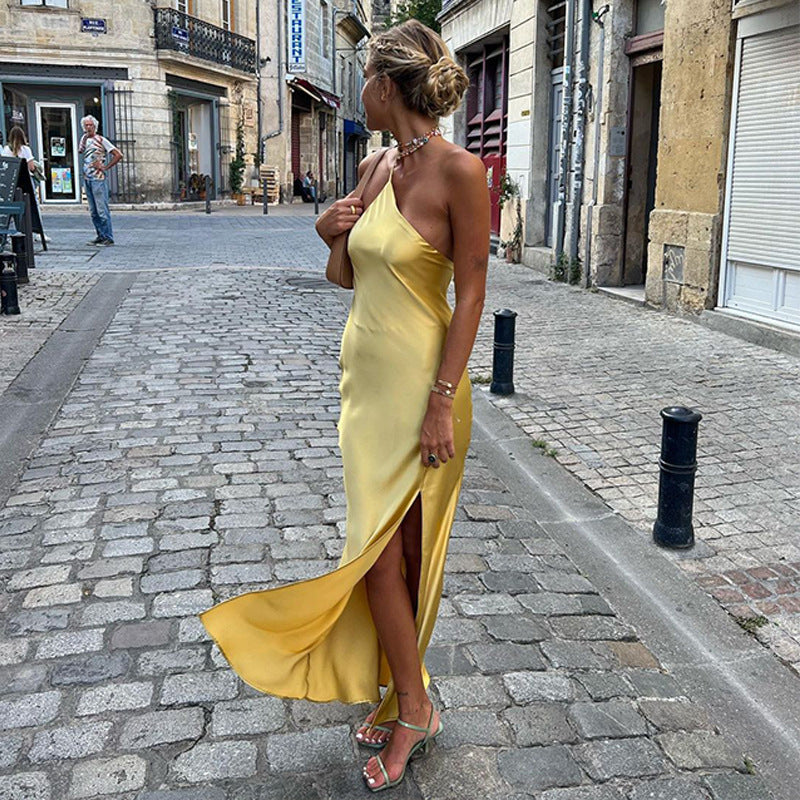 VESTIDO LARGO SATEN AMARILLO ESPALDA DESCUBIERTA