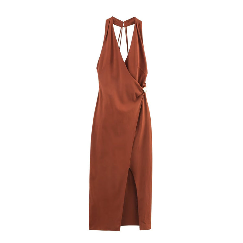 VESTIDO ESCOTE CRUZADO CON APLIQUE DORADO