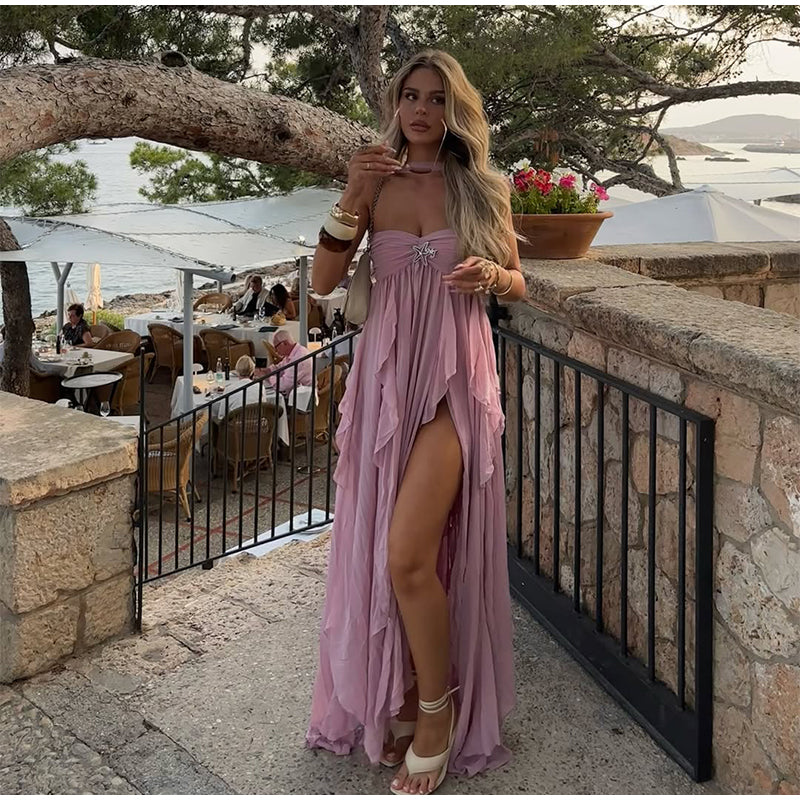 VESTIDO ROSA ASIMÉTRICO HOMBROS DESCUBIERTOS