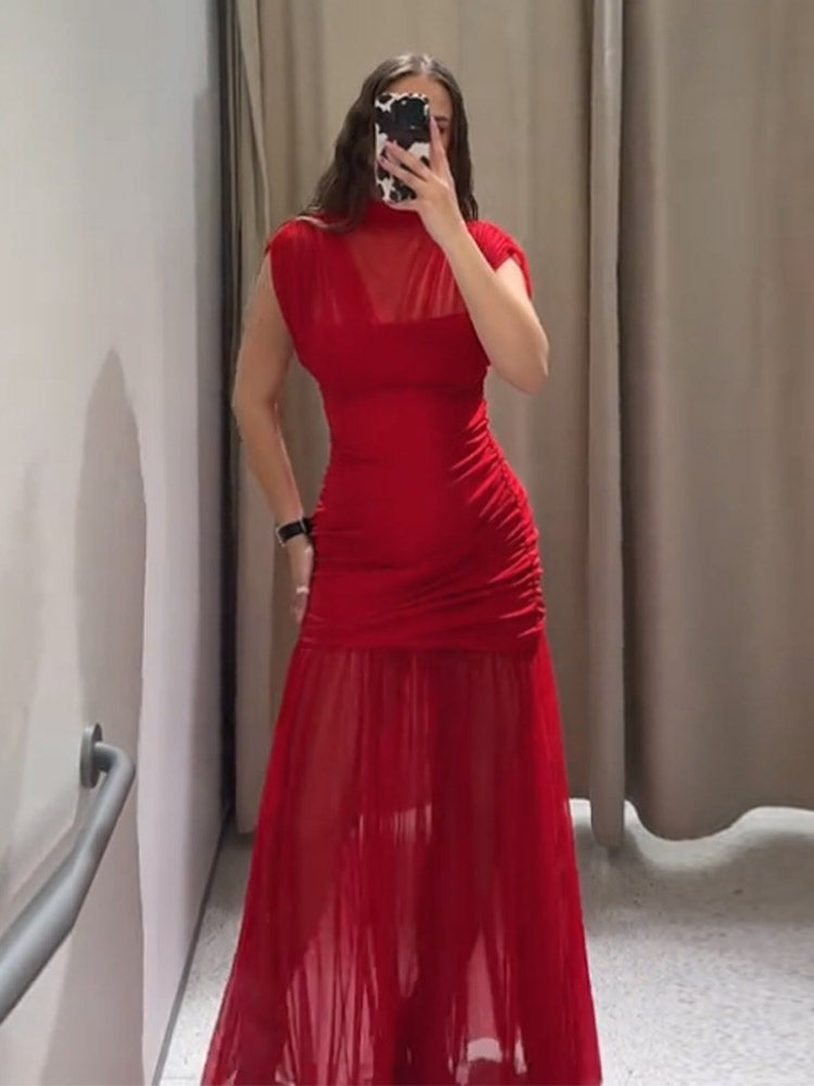 VESTIDO MIDI ROJO ACABADO EN TUL