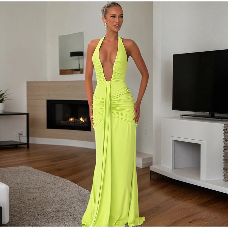 VESTIDO LARGO FRUNCIDO ESCOTE ABIERTO