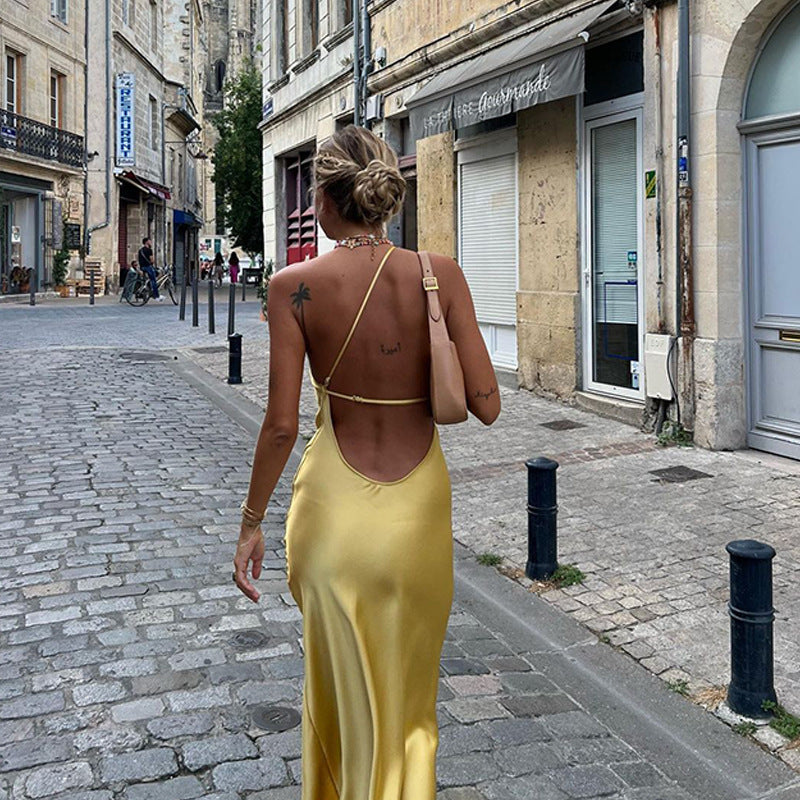 VESTIDO LARGO SATEN AMARILLO ESPALDA DESCUBIERTA
