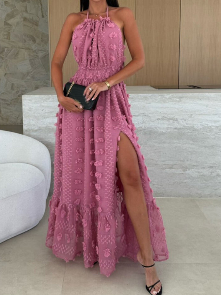 VESTIDO HALTER CON FLORES EN 3D