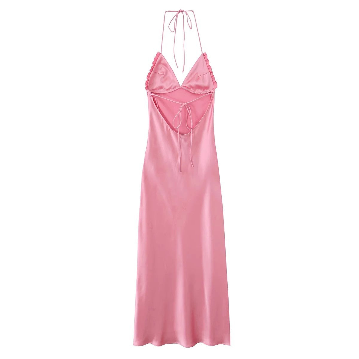 VESTIDO SATÉN CON VOLANTE EN EL ESCOTE Y ESPALDA DESCUBIERTA