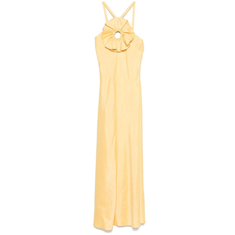 VESTIDO LARGO CUELLO HALTER FLOR 3D