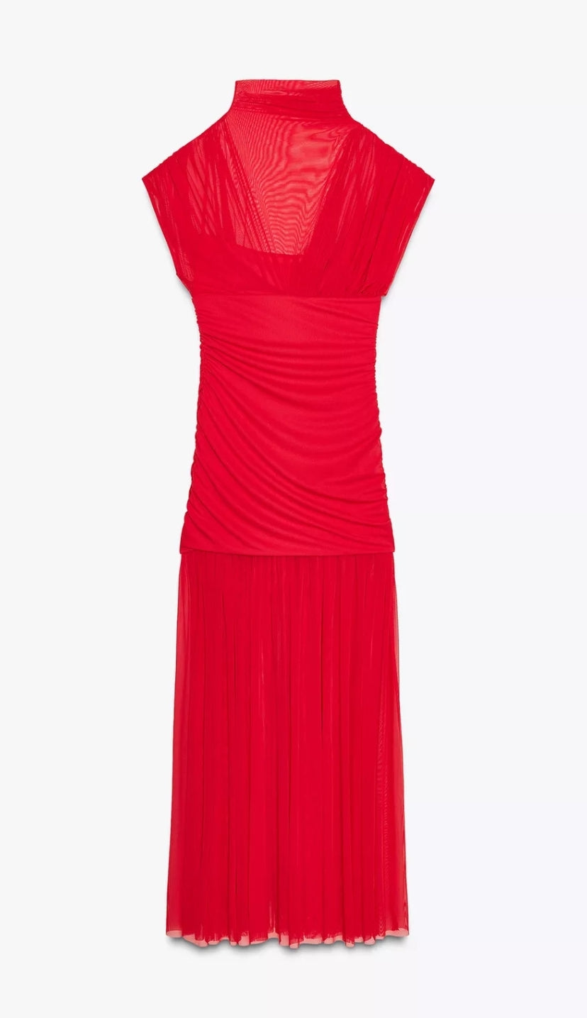 VESTIDO MIDI ROJO ACABADO EN TUL