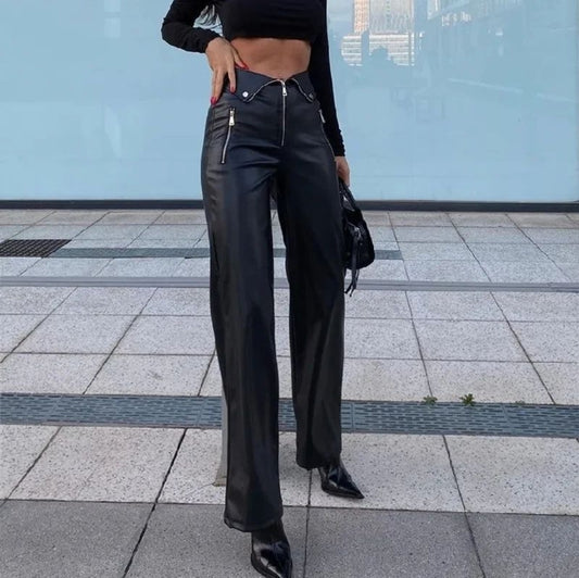 PANTALONES RECTOS DE POLIPIEL CON CREMALLERAS