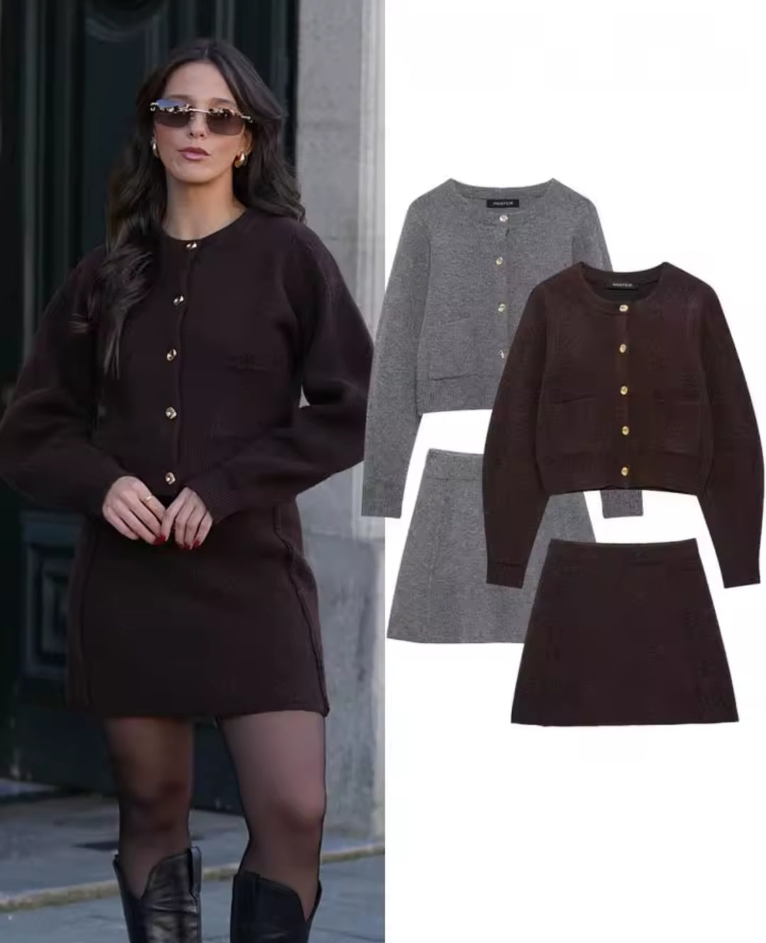 CONJUNTO DE PUNTO CÁRDIGAN Y FALDA