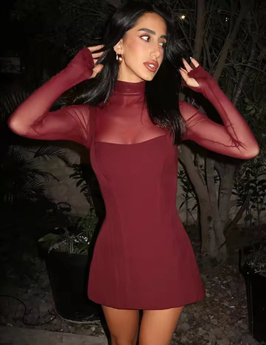 VESTIDO CORTO BURDEOS MANGAS TRANSPARENTES