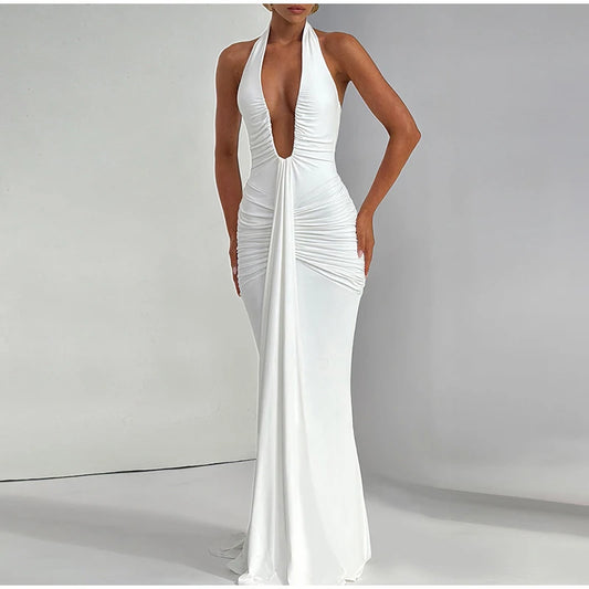 VESTIDO LARGO FRUNCIDO ESCOTE ABIERTO