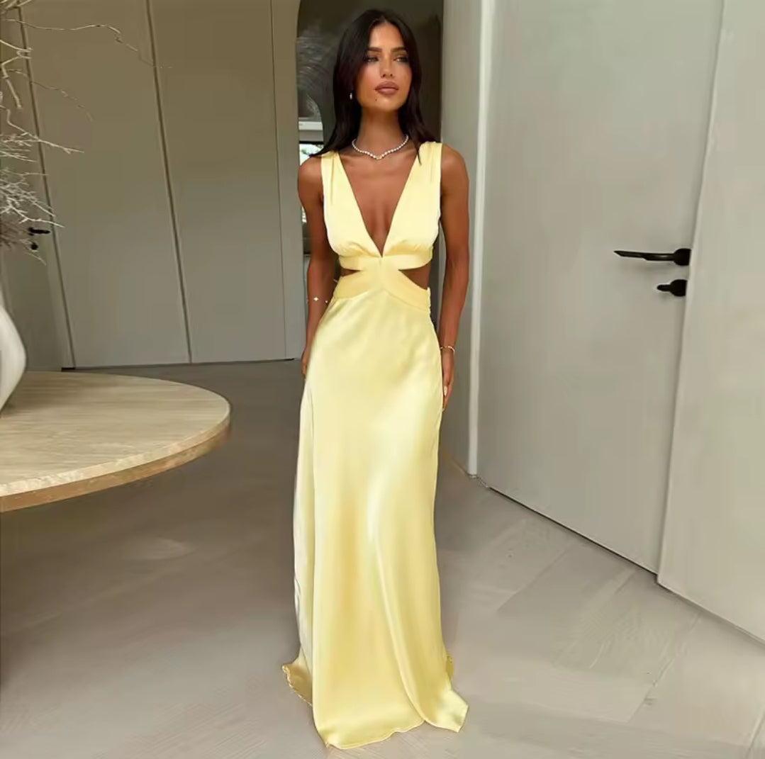 VESTIDO LARGO SATÉN AMARILLO