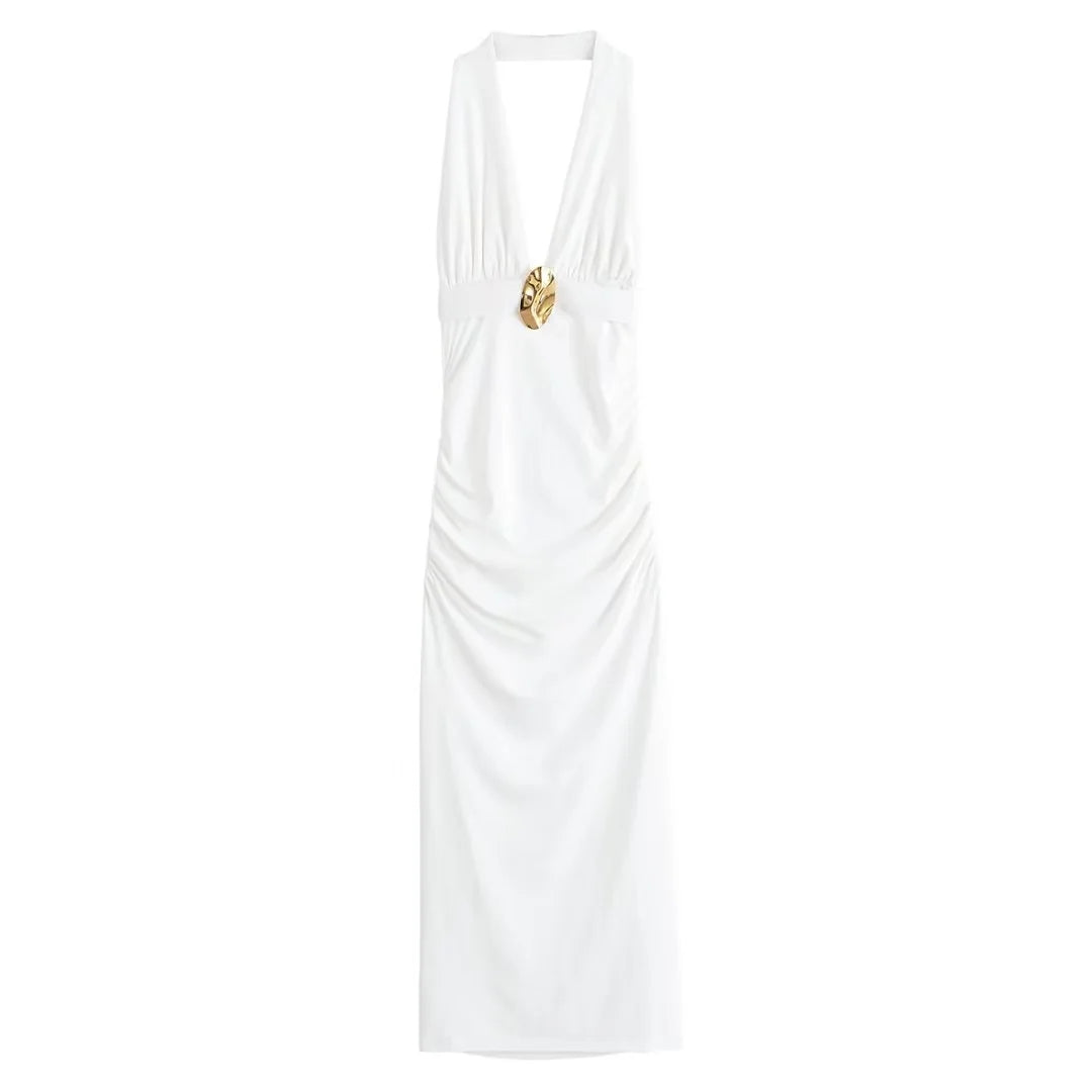 VESTIDO CUELLO HALTER DETALLE DORADO