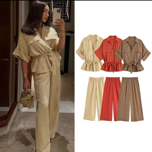 CONJUNTO CAMISA FRUNCIDA Y PANTALÓN HOLGADO