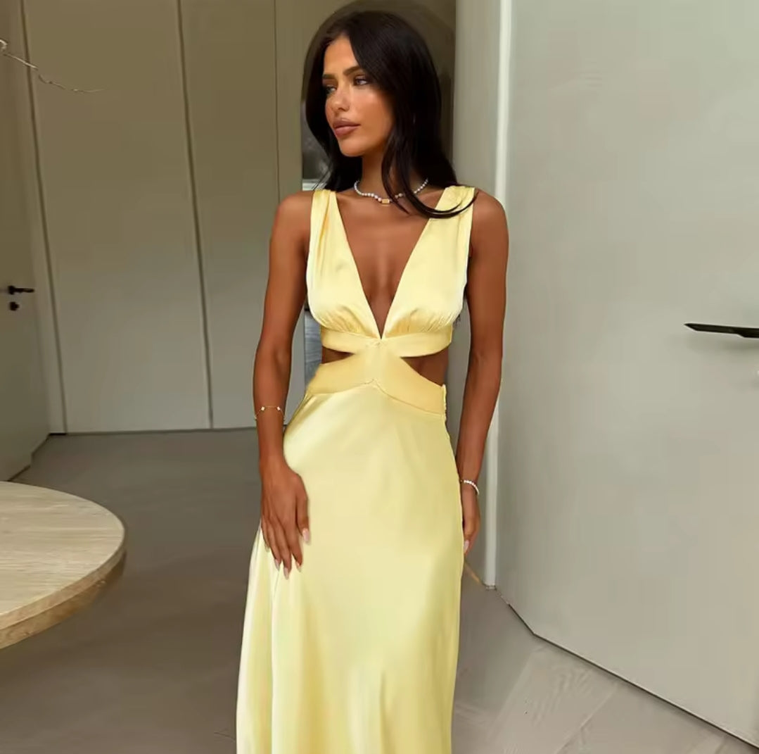 VESTIDO LARGO SATÉN AMARILLO