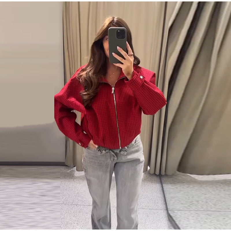 CHAQUETA CORTA CUADROS ROJA