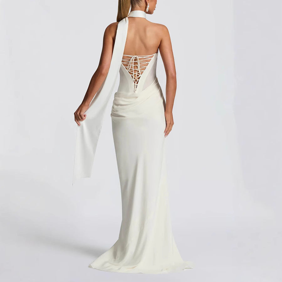 VESTIDO LARGO PLISADO SEMITRANSPARENTE CON ESPALDA ENTRELAZADA