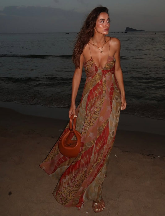 VESTIDO LARGO ESCOTE V CON ESTAMPADOS