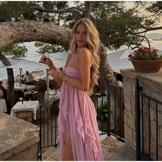 VESTIDO ROSA ASIMÉTRICO HOMBROS DESCUBIERTOS