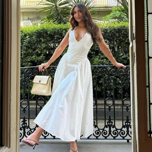 VESTIDO LARGO DE VUELO CUELLO HALTER