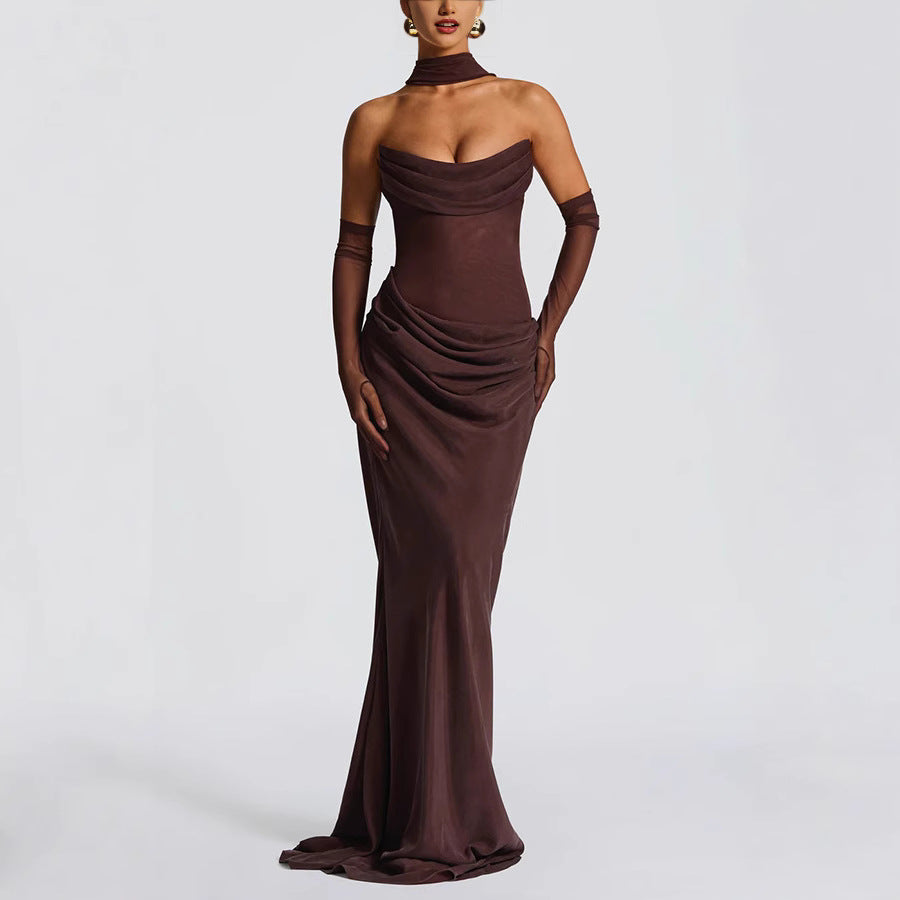 VESTIDO LARGO PLISADO SEMITRANSPARENTE CON ESPALDA ENTRELAZADA