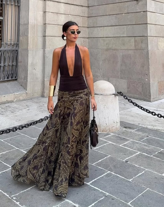 FALDA ESTAMPADA MARRON Y DORADA