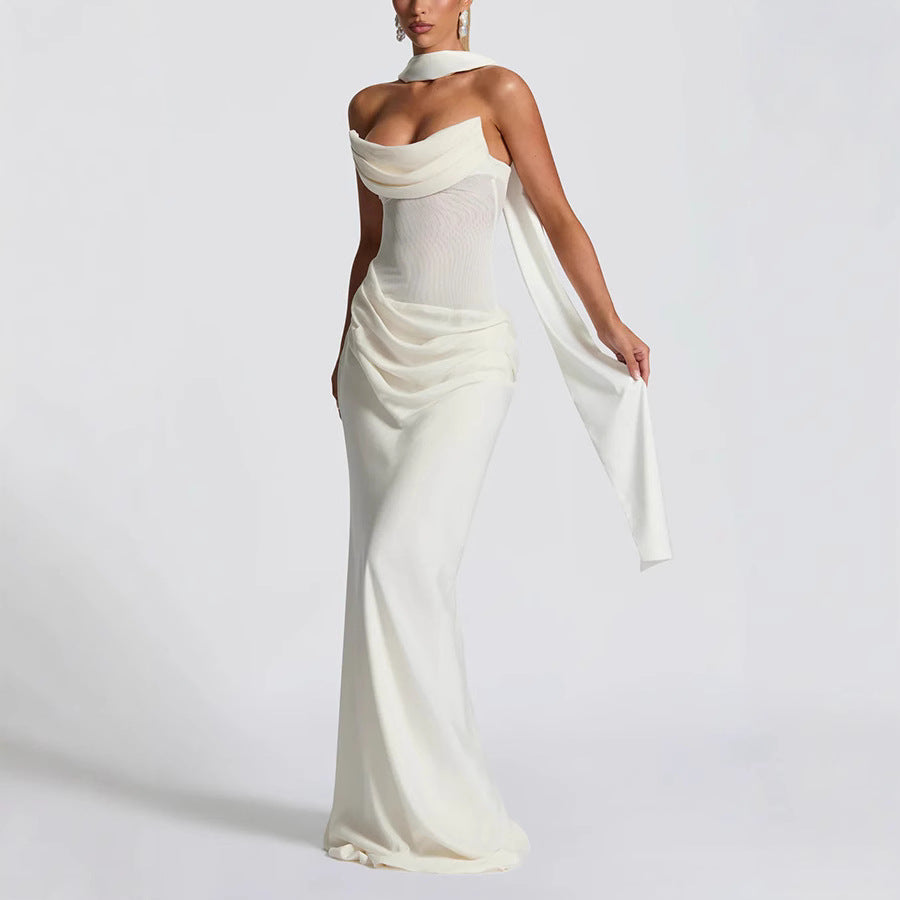 VESTIDO LARGO PLISADO SEMITRANSPARENTE CON ESPALDA ENTRELAZADA